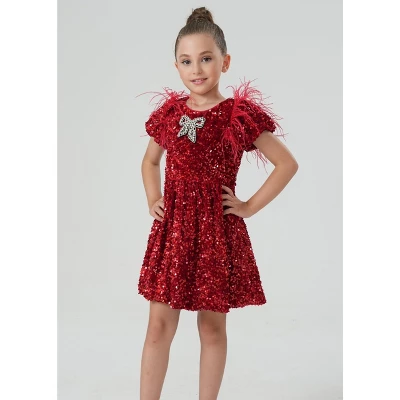 2Bunnies Girls' Christmas New Year Holiday Party Sequin Dress Feather Puff Sleeve 4 2Bunnies Girls' Christmas New Year Holiday Party Sequin Dress Feather Puff Sleeve - Image 4