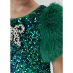 2Bunnies Girls' Christmas New Year Holiday Party Sequin Dress Fur Puff Sleeve
