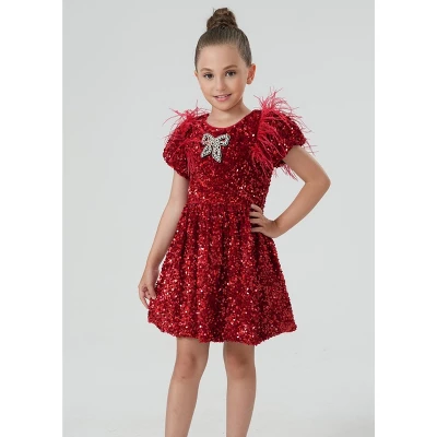 2Bunnies Girls' Christmas New Year Holiday Party Sequin Dress Feather Puff Sleeve 1 2Bunnies Girls' Christmas New Year Holiday Party Sequin Dress Feather Puff Sleeve