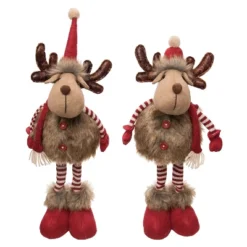Transpac Plush Stripe Standing Reindeer Set Of 2 - Festive Christmas Decorative Objects For Holiday Cheer