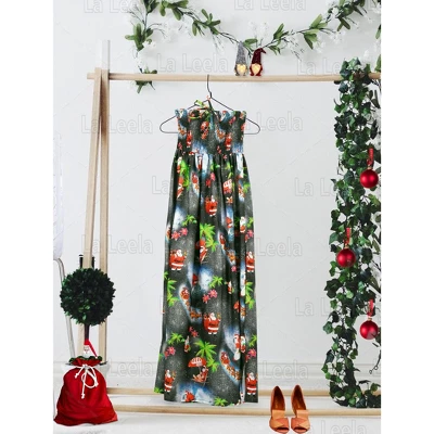 LA LEELA Women's A Line Slit Smocked Maxi Casual Beach Dress Tube Top Evening Long Strapless Christmas Outfits For Women 5 LA LEELA Women's A Line Slit Smocked Maxi Casual Beach Dress Tube Top Evening Long Strapless Christmas Outfits For Women - Image 5