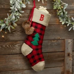 Personalization Mall Plaid Embroidered Initial Jumbo Knit Christmas Stocking