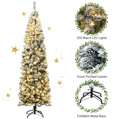 Costway 4.5/6/7.5 Ft Pre-lit Snow Flocked Artificial Pencil Christmas Pine Tree With 150/250/350 LED Lights 6 Costway 4.5/6/7.5 Ft Pre-lit Snow Flocked Artificial Pencil Christmas Pine Tree With 150/250/350 LED Lights - Image 6