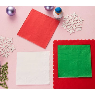 Juvale 210-Pack Plain Disposable Paper Cocktail Napkins For Christmas Party Supplies - Red, Green, White 2 Juvale 210-Pack Plain Disposable Paper Cocktail Napkins For Christmas Party Supplies - Red, Green, White - Image 2