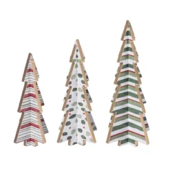 Transpac MDF Holiday Prints Triangle Trees Set Of 3 Decorative Wood Christmas Sculptures Multicolor Tabletop Decor